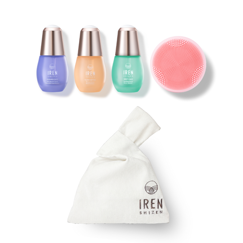 IREN Shizen CLEAR UP PRO Skin Genie Pro + Anti-Blemish Set with three bottles and a bag, offering customized Japanese skincare.