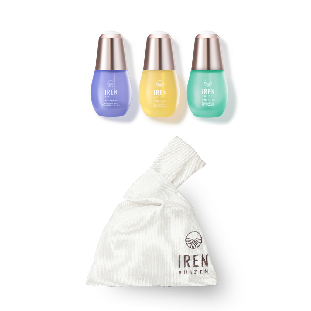 IREN Shizen's Summer Set features three bottles and a bag of Japanese skincare essentials for a rejuvenating summer glow.