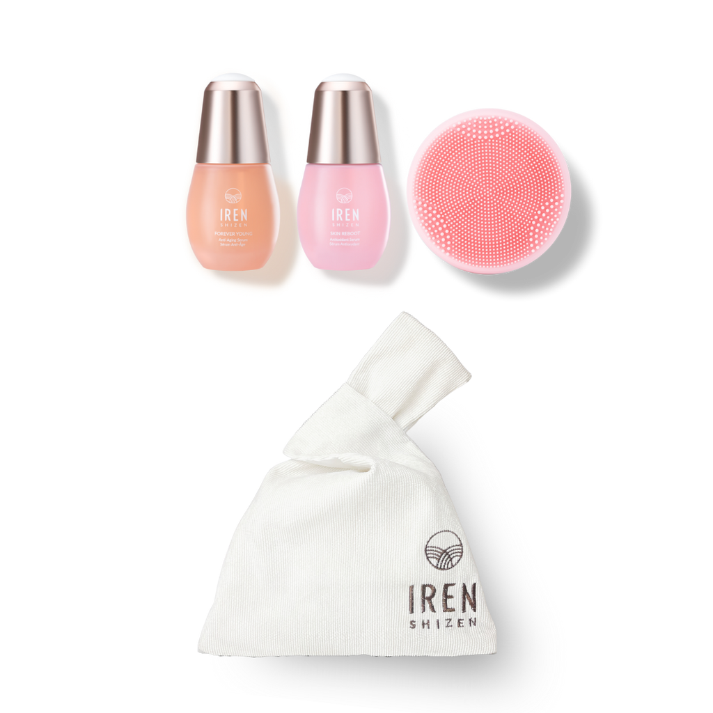 IREN Shizen custom skincare set with a bag and a bottle of pink nail polish.