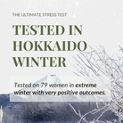 A snowy landscape and bare branches before a mountain; text: "Tested in Hokkaido winter. IREN Shizen FLOWERS IN BLOOM Antioxidant Water Cream was trialed on 79 women in extreme cold with very positive results.
