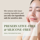 A woman with clear skin touches her face beside text for IREN Shizen FLOWERS IN BLOOM Antioxidant Water Cream—natural origin, preservative-free, silicone-free, and perfect for sensitive skin.