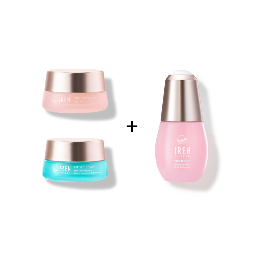 Three MOCHI SKIN Instant Glow Sets displayed against a white background, two in jars labeled "flower nectar" and "freeze the youth" and one in a pink pump bottle labeled "skin reboot".