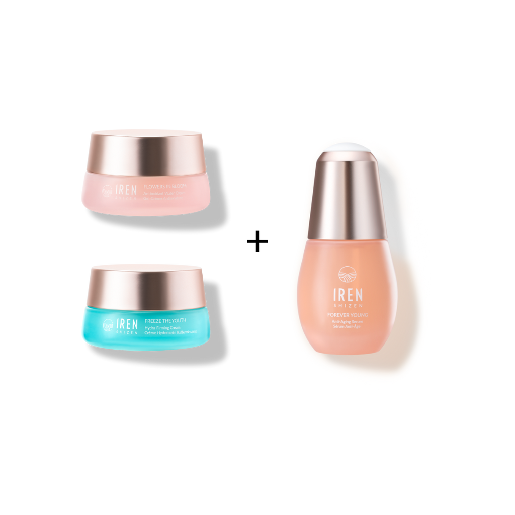 Four MOCHI SKIN Instant Glow Sets against a white background, including two face creams in pink and blue jars and a peach-colored face serum bottle by IREN Shizen.