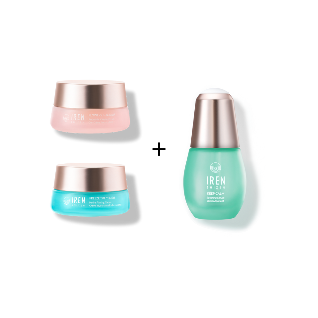 Four MOCHI SKIN Instant Glow Sets designed for glowing dewy skin displayed against a white background, including two jars and one bottle, designed in pastel pink and turquoise colors by IREN Shizen.