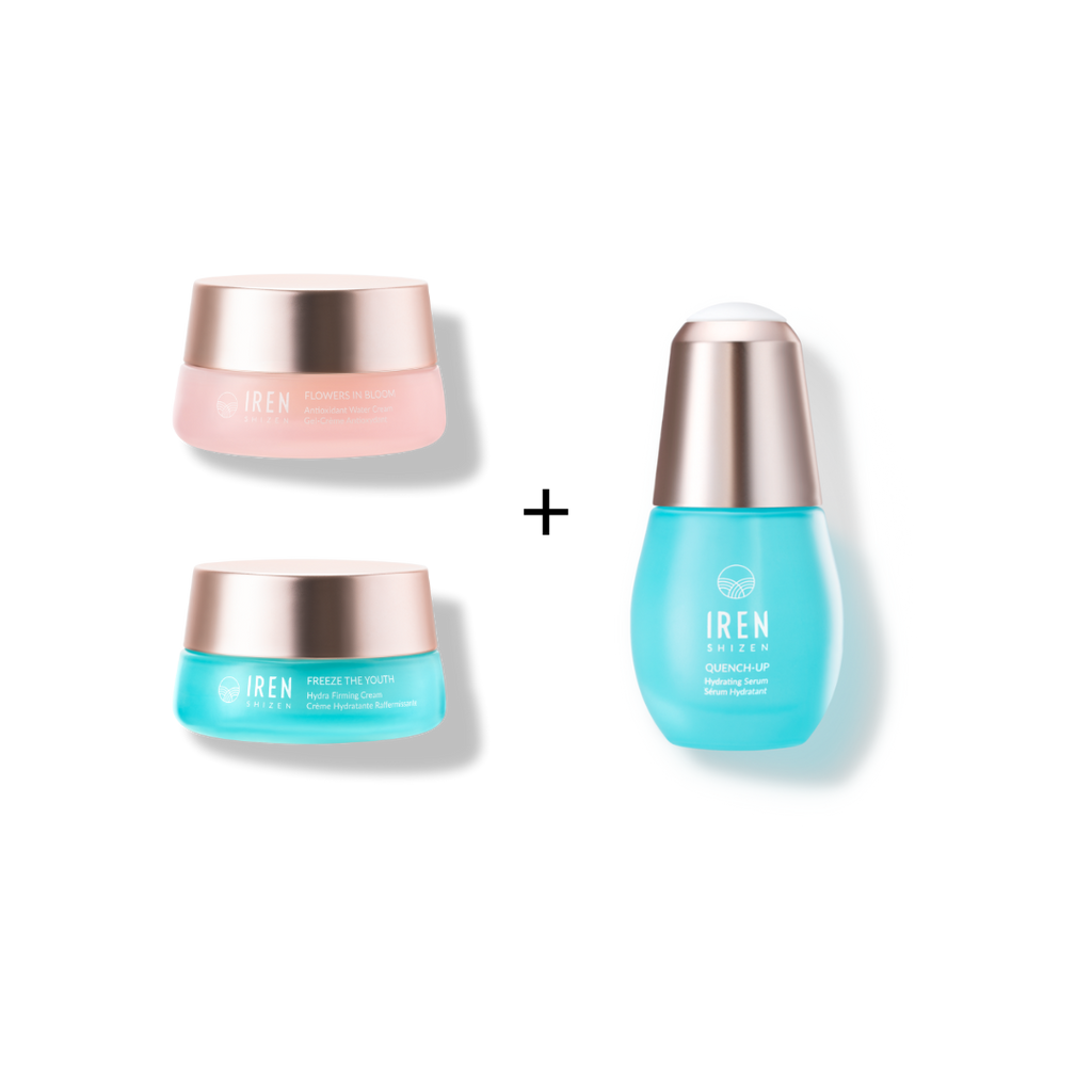 Four MOCHI SKIN Instant Glow Sets including a pink cream jar, a blue serum bottle, and two small turquoise cream jars, isolated on a transparent background.