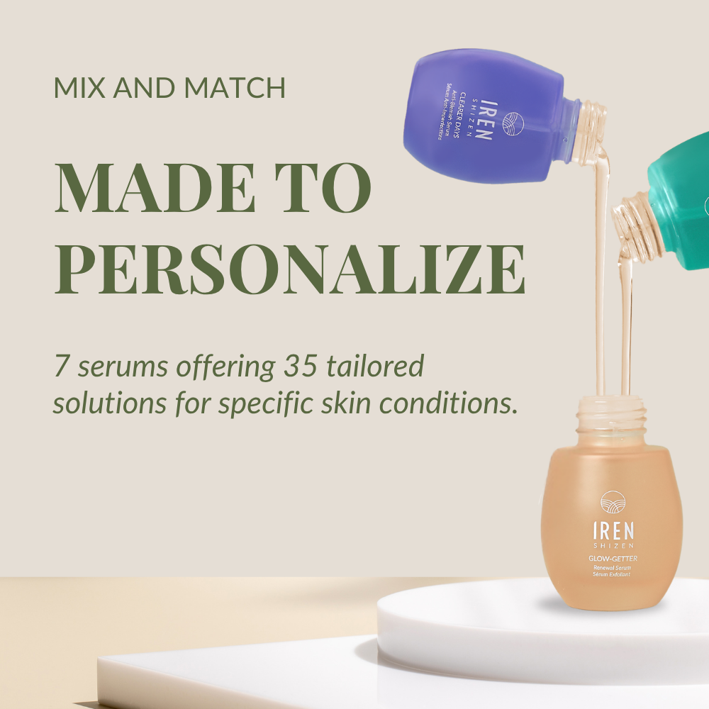 Two serum bottles, one purple and one green, pour liquid into a tan bottle on a white platform. Text promotes IREN Shizen's STAR LIGHT Brightening Serum for dark spots and hyperpigmentation. #show-lang-en