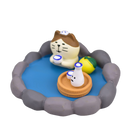 A small IREN Shizen cat figurine from the FREE GIFT Biyu Neko Blind Box relaxes in a stone bath with a towel, holding a cup beside a tray—ideal for collectible fans and surprise lovers.