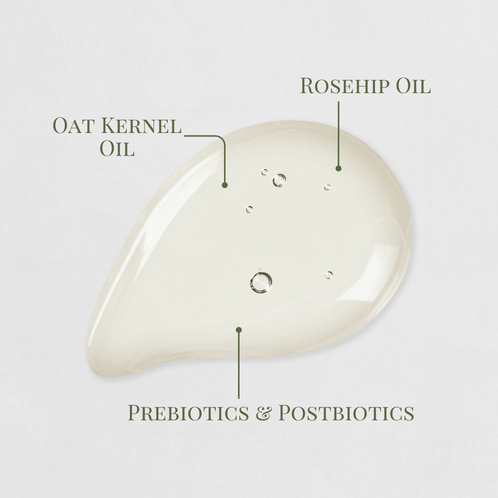 Iren Shizen's BLOOM OF YOUTH Restoring Facial Oil features oat kernel oil, rosehip oil, and prebiotics & postbiotics in a clear, lightweight formula to support a healthy skin barrier.