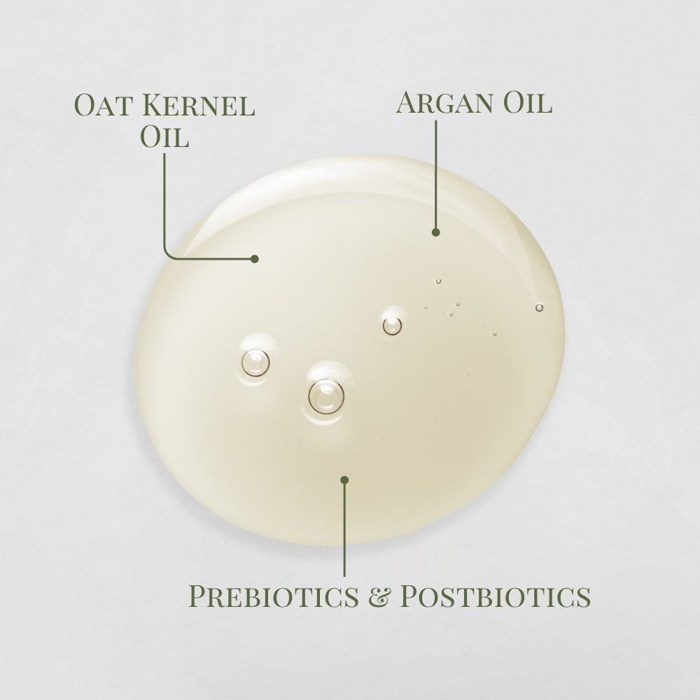 A drop of IREN Shizen’s DROP OF DEW Moisturizing Facial Oil, enriched with oat kernel and argan oils, showcases its multi-benefit formula with prebiotics and postbiotics, highlighted on a light background.
#show-lang-en