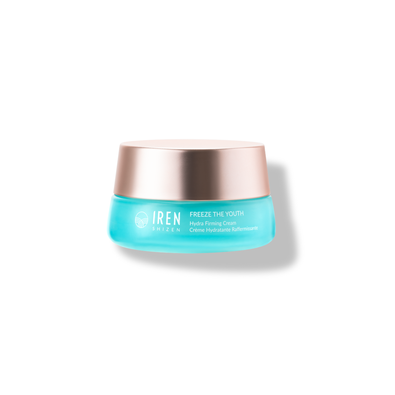 A jar of IREN Shizen &quot;FREEZE THE YOUTH&quot; hydra firming cream with vegan-collagen complex against a black background.