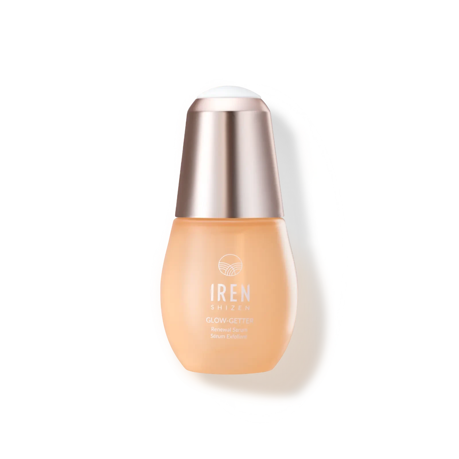 A bottle of GLOW-GETTER Renewal Serum by IREN Shizen, a Japanese skincare brand, on a white background. 