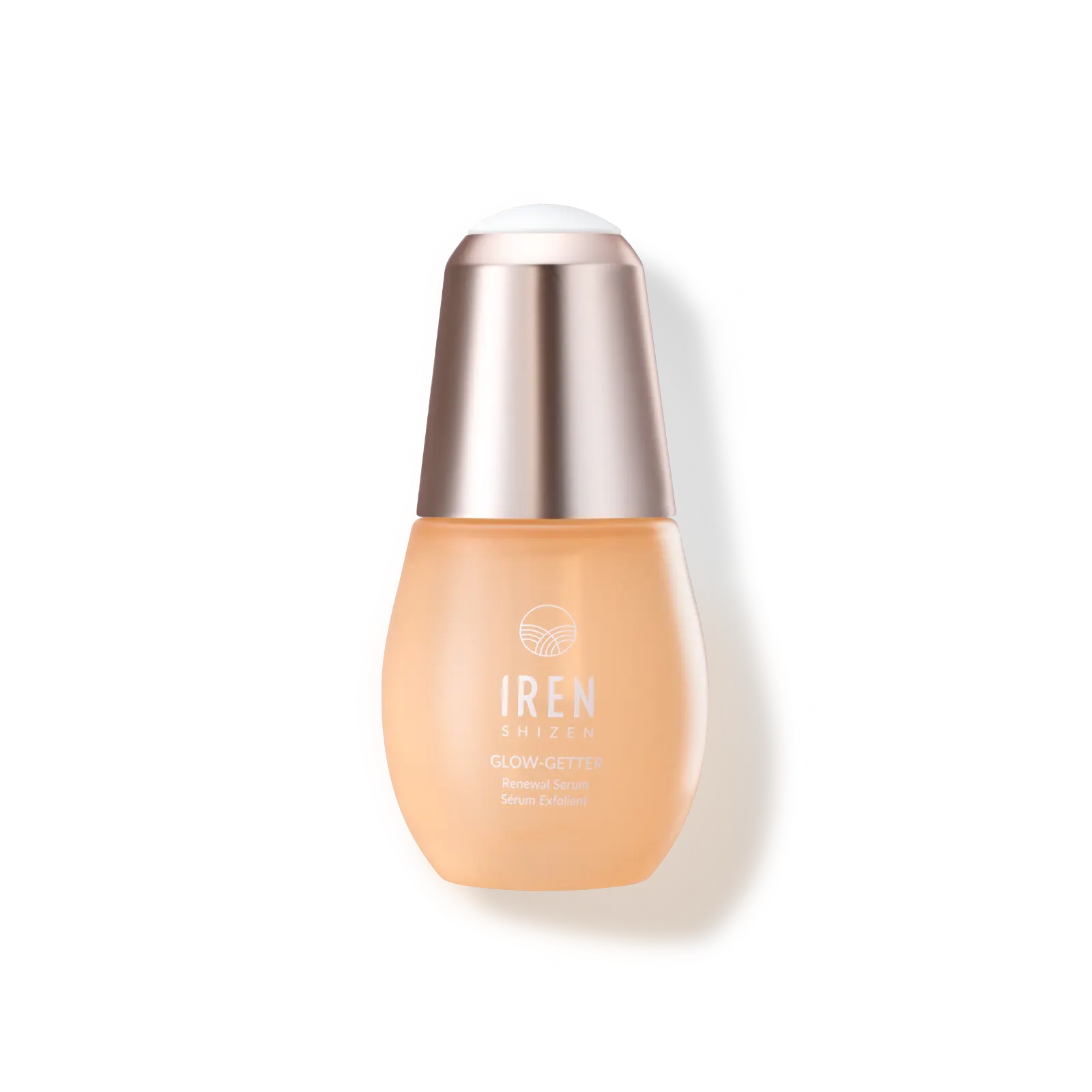 A bottle of custom Japanese skincare serum, IREN Shizen, on a white background sampling its nourishing formula.