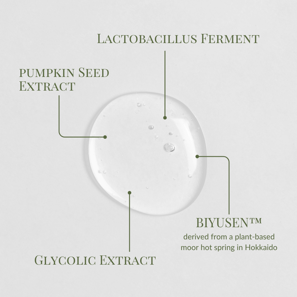 Iren Shizen’s GLOW-GETTER Renewal Serum features a clear gel with Lactobacillus ferment, pumpkin seed extract, glycolic extract, and BIYUSEN™ from Hokkaido to exfoliate skin and reduce blackheads.