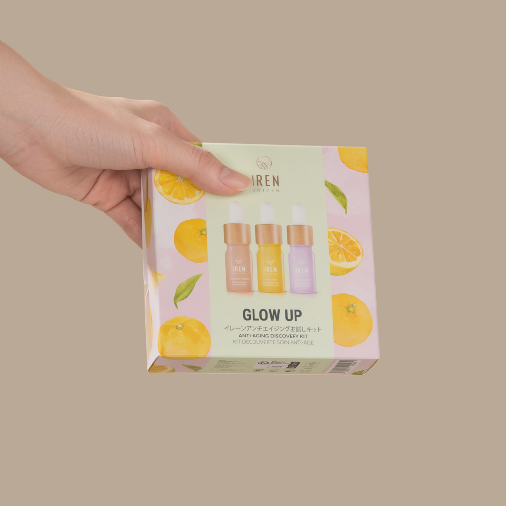 Achieve dewy skin with the help of youth-preserving actives and superfruits from Japan. Get ready for the ultimate glow up with IREN Shizen's GLOW UP Anti-Aging Discovery Kit.