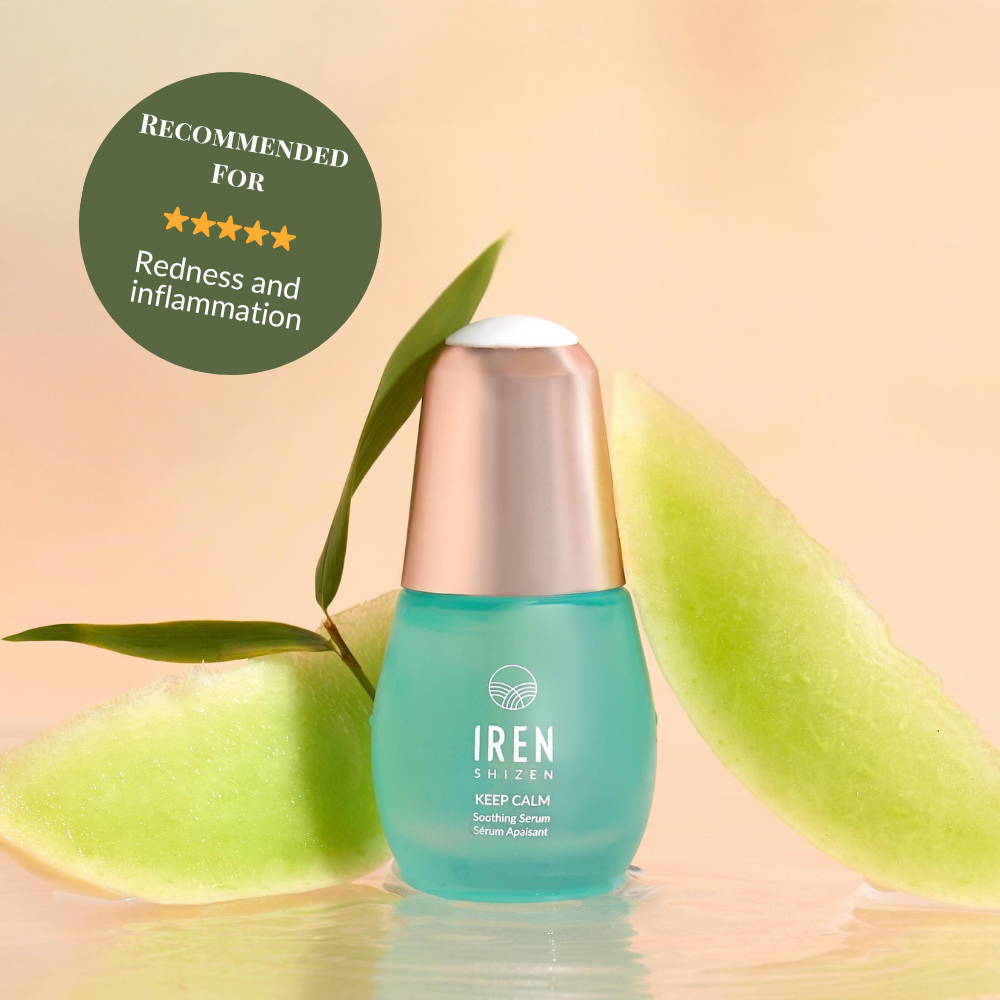 The KEEP CALM Soothing Serum by IREN Shizen is shown with melon slices and a green badge, highlighting its suitability for redness, inflammation, eczema, and sensitive skin.