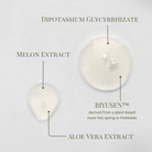 Two clear gel drops on a light background, labeled with melon extract, aloe vera extract, dipotassium glycyrrhizate, and plant-based BIYUSEN™ in IREN Shizen KEEP CALM Soothing Serum—ideal for sensitive skin or calming routines.