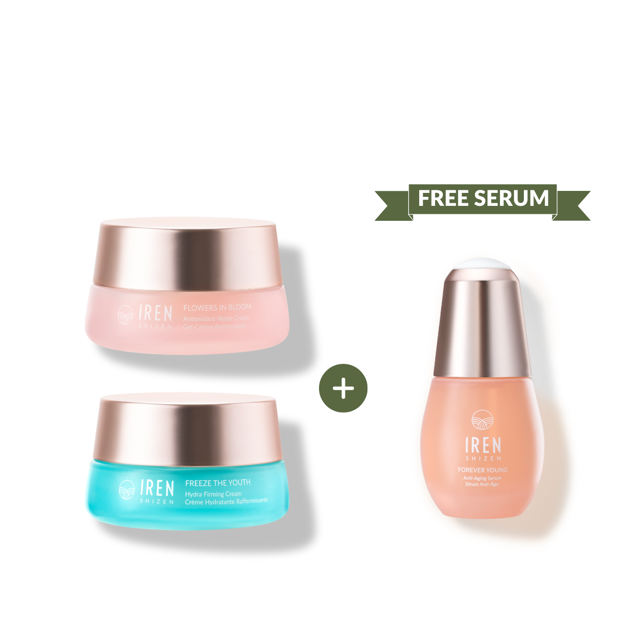 MOISTURE SANDWICH Skincare Kit by IREN Shizen, featuring two jars of Hydra Firming Cream and one bottle of face serum with a &quot;Free Serum&quot; label on the image.