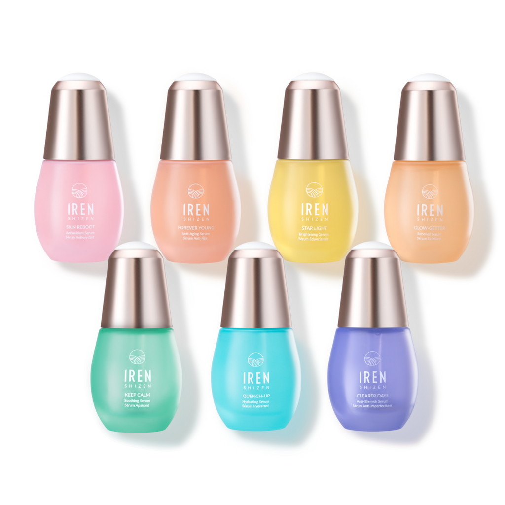 A set of IREN Shizen customized sample serums featuring Japanese skincare in different colored liquids.