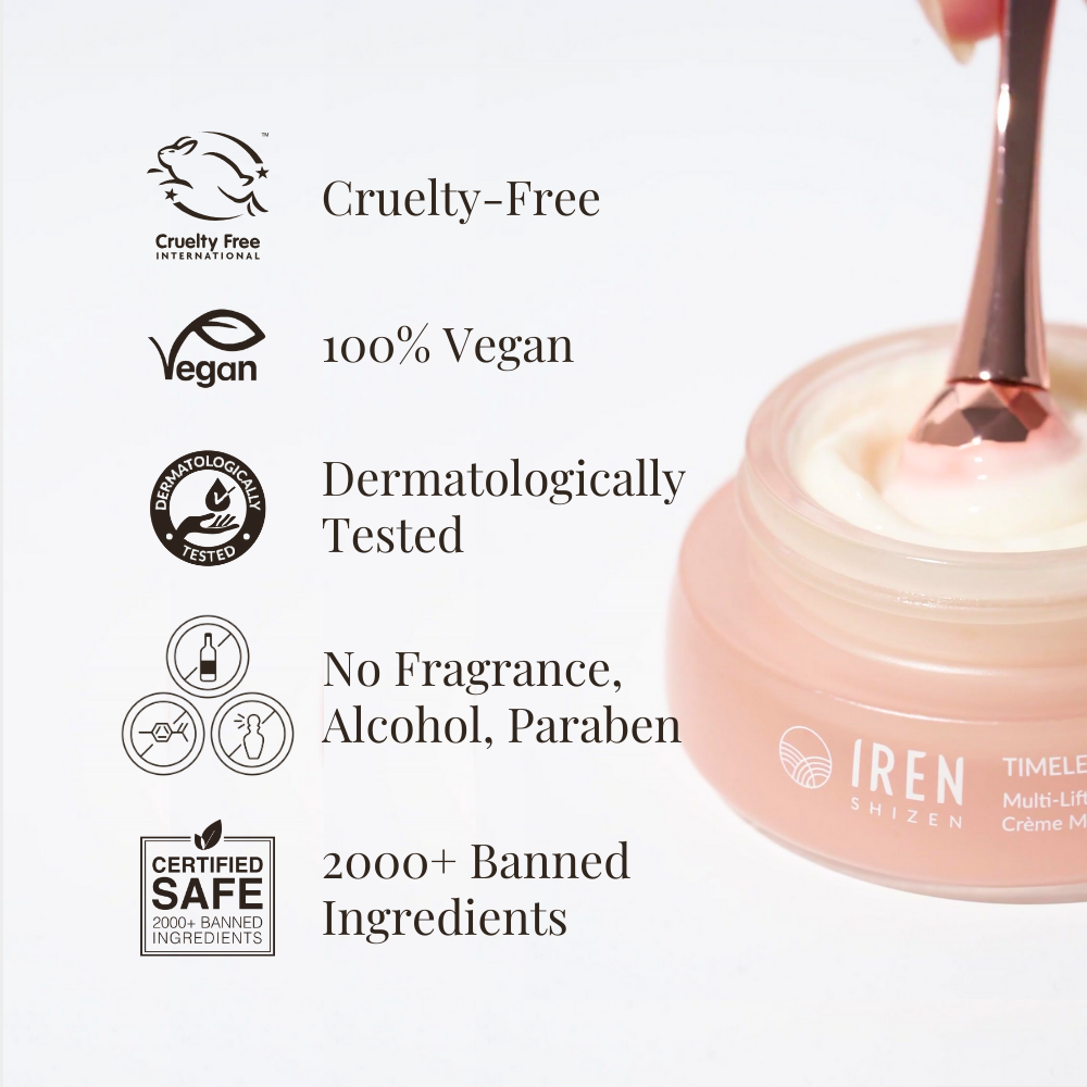 Close-up of the TIMELESS ELIXIR Multi-Lift Eye and Lip Cream by IREN Shizen, showcasing its features: cruelty-free, 100% vegan, dermatologically tested, free from fragrance, alcohol and parabens, with over 2000 banned ingredients. Enriched with Bakuchiol for eye area rejuvenation and anti-aging benefits. #show-lang-en
