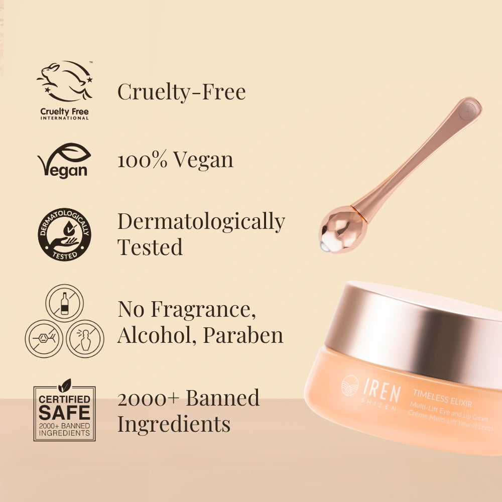 A jar of IREN Shizen TIMELESS ELIXIR Multi-Lift Eye and Lip Cream—an anti-aging, cruelty-free, vegan formula that’s dermatologically tested, free from fragrance/alcohol/parabens, with 2000+ banned ingredients for visible results.
#show-lang-en #all-groups