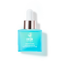 A bottle of IREN Shizen DROP OF DEW Moisturizing Facial Oil, featuring Japanese skincare, onsen skincare, on a black background.