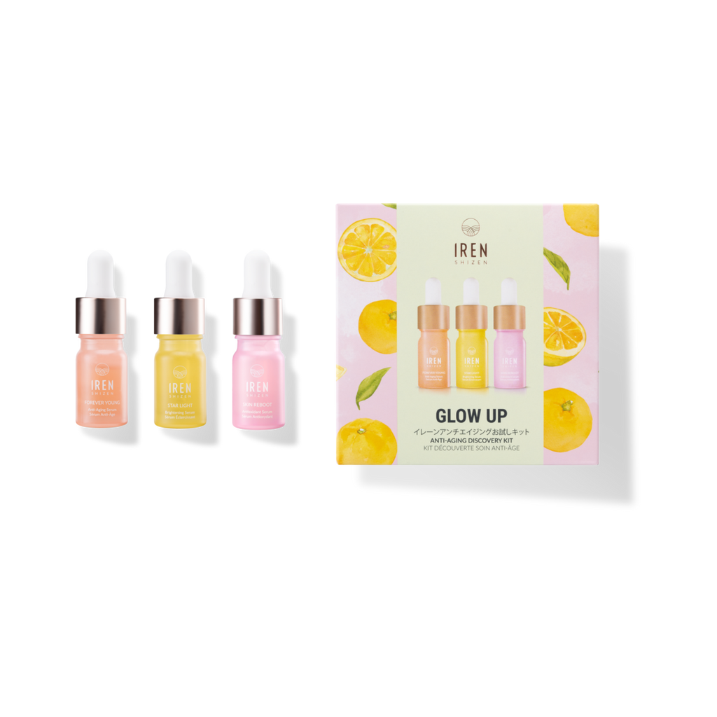 IREN Shizen GLOW UP Anti-Aging Discovery Kit offers Japanese skincare and custom skincare products inspired by onsen skincare.