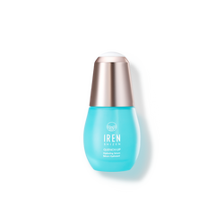 A customized QUENCH-UP Hydrating Serum by IREN Shizen bottle with a blue bottle on a black background.