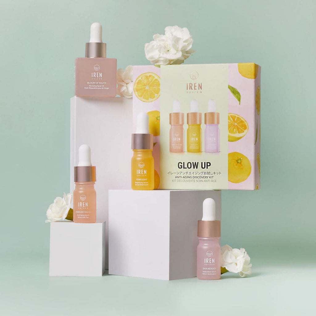 IREN Shizen's GLOW UP Facial Oil + Serums provide a customized Japanese skincare routine for a glowing complexion.