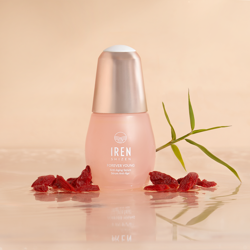 A bottle of customized skincare, GLOW UP PRO Skin Genie Pro + Anti-Aging Set with red berries on top from IREN Shizen.
