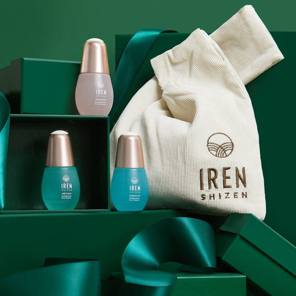 Customized Japanese skincare set in a green gift bag by IREN Shizen.