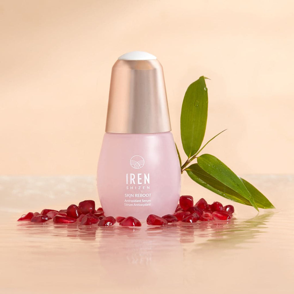 IREN Shizen's GLOW UP Anti-Aging Set, featuring pomegranate extract and natural leaves, is a customized Japanese skincare solution.
